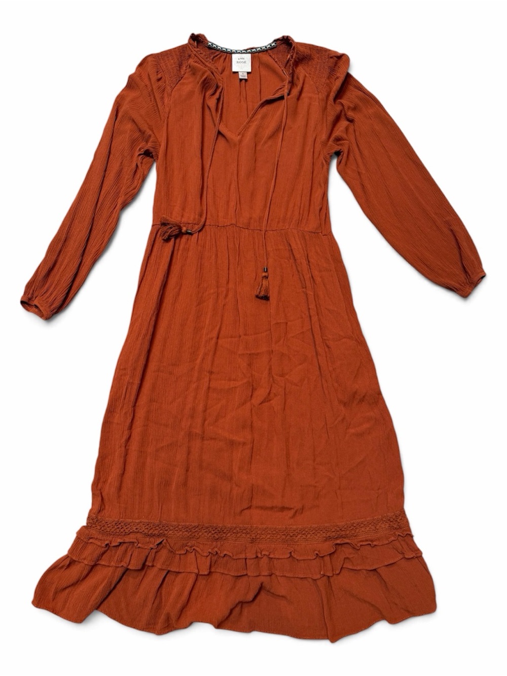 Knox Rose Rust Long-Sleeve Midi Dress with Tie Waist